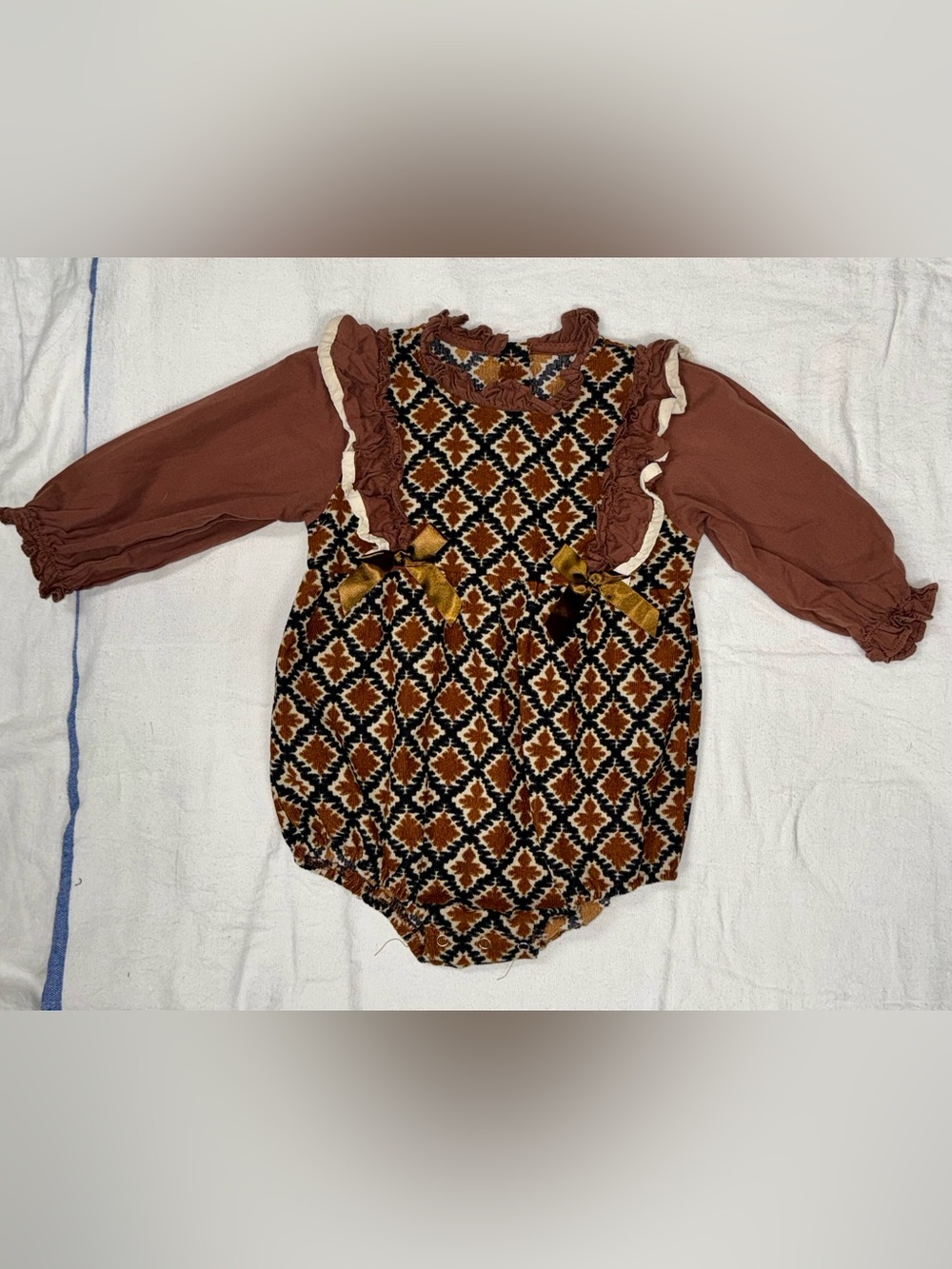 Rust Diamond Pattern Ruffle Baby Romper
